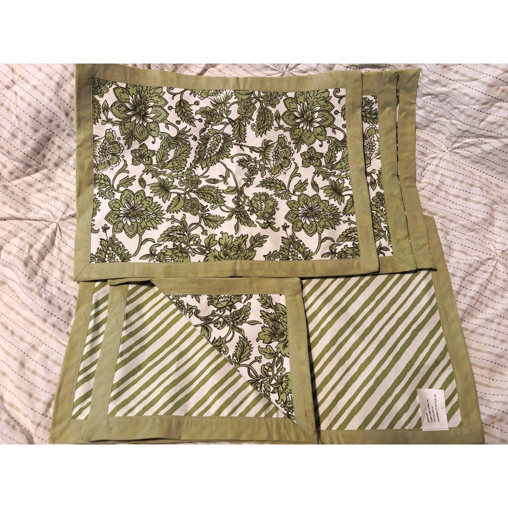 Pottery Barn Reversible Cotton Placemats Set of 6 Green White Floral Stripe